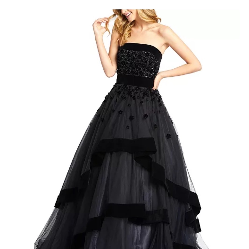 Mac Duggal Black Strapless Gown with Embellishments